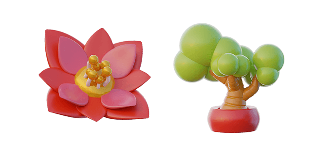 Red Blossom Flower & Bonsai Tree 3D Cursor