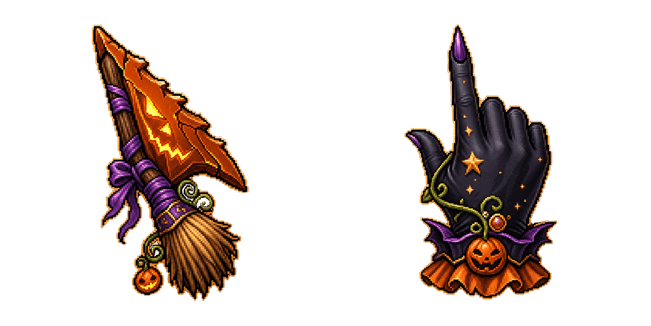Pumpkin Broom & Witch Hand Pixel Cursor
